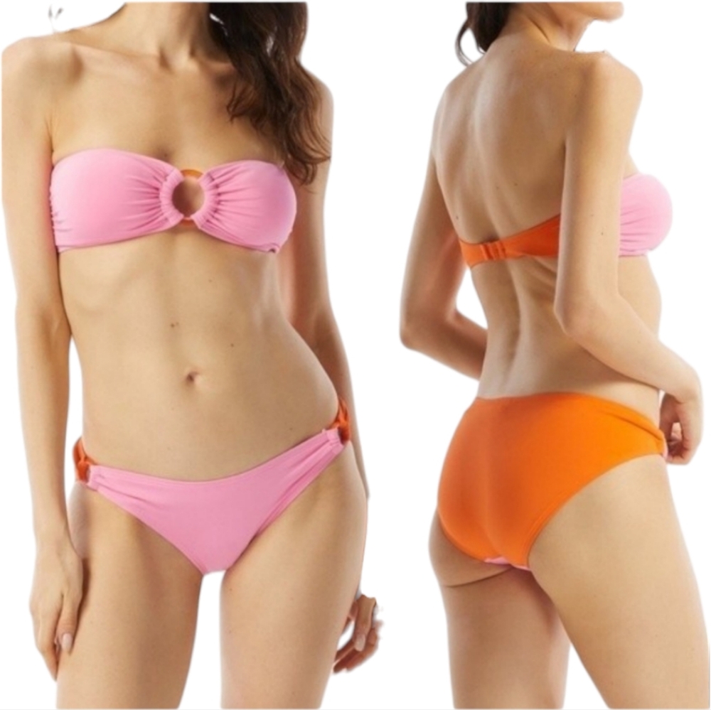 Kate Spade Colorblock Ring Bandeau Bikini Swimsuit Surf Pink Orange Medium 8-10